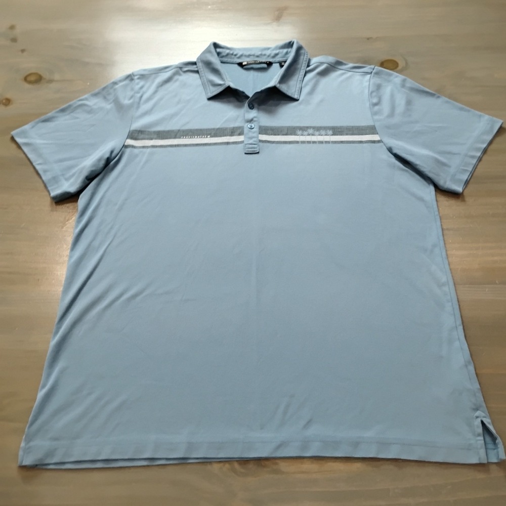 Travis Mathew Golf Polo Shirt Men's XL Blue Gray White Stripes Logo Performance